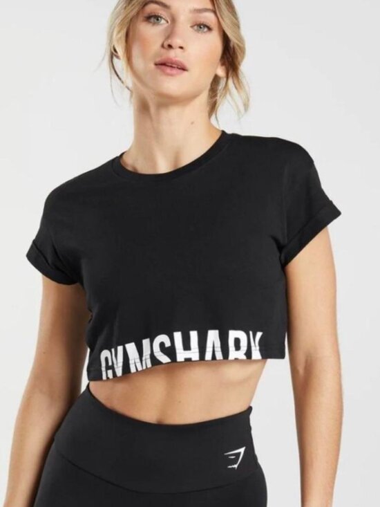 Gymshark Tops - Gymshark Fraction Crop Top Medium Black Cotton Boxy Logo Workout Athleisure Tee